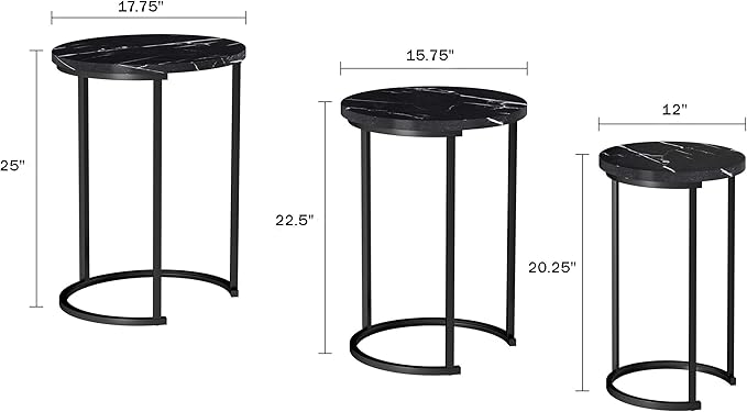 Lavish Home Nesting Tables - Set of 3 Round Side Tables for Living Room, Bedroom, or Home Office - Faux Marble End Table Set - Modern Living Room Furniture (Black)