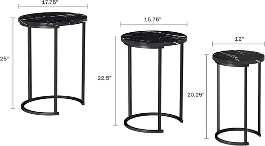 Lavish Home Nesting Tables - Set of 3 Round Side Tables for Living Room, Bedroom, or Home Office - Faux Marble End Table Set - Modern Living Room Furniture (Black)