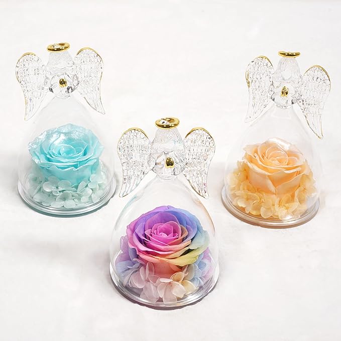 Miofula Preserved Flower Rose Birthday Gifts for Mom, Angels Figurines with Forever Real Rose Gifts for Women Mom Grandma, Angels Gifts for Valentines Anniversary Mothers Day (Pearlescent Champagne)