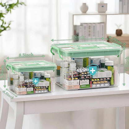 2 Pack Clear Medicine Organizer Box with Handle, Plastic Medicine Container with Tray First Aid Box Empty, Thickened Medicine Storage Organizer Multipurpose Medication Organizer Storage