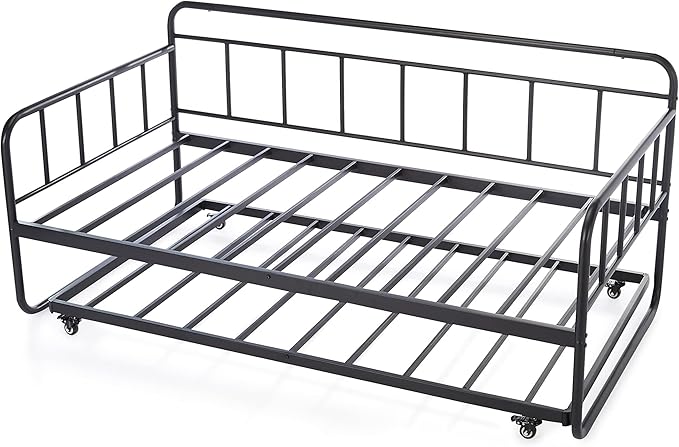Amazon Basics Twin Daybed and Trundle Bed Frame Set, Space Saving Steel Slat Support, Easy Assembly, Twin Size, Black, 77.3 x 40 x 35.4 in
