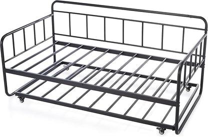 Amazon Basics Twin Daybed and Trundle Bed Frame Set, Space Saving Steel Slat Support, Easy Assembly, Twin Size, Black, 77.3 x 40 x 35.4 in