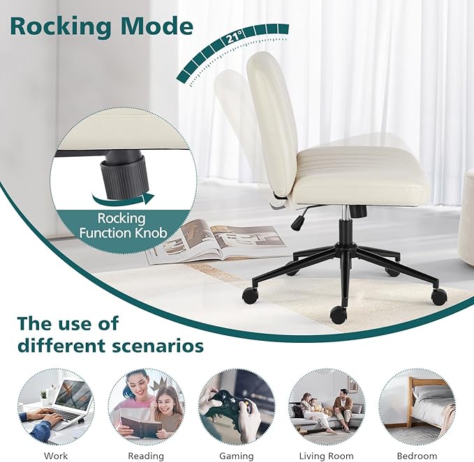 OLIXIS Criss Cross Chair with Wheels Wide Cross Legged Office Desk Vanity Chair Comfy Fabric Armless Adjustable Swivel for Home Computer Task PU Beige