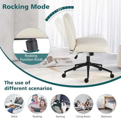 OLIXIS Criss Cross Chair with Wheels Wide Cross Legged Office Desk Vanity Chair Comfy Fabric Armless Adjustable Swivel for Home Computer Task PU Beige