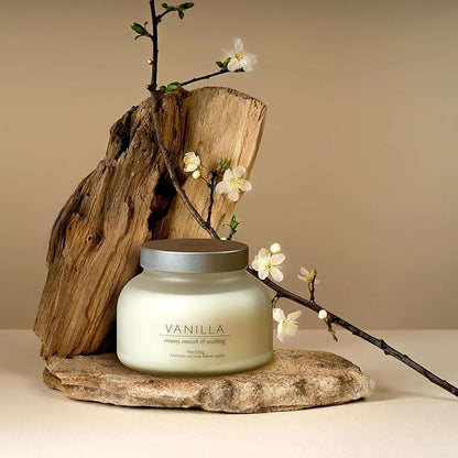 Volcano Vanilla Candle 19oz:- with a Crackling Wooden Wick in Large 4" x 5" Large Elegant White Glass Jar in a Presentation Gift Box and Protective Shipping Box
