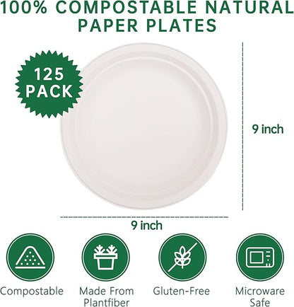 DaYammi 100% Compostable Paper Plates 9 Inch, 125-Pack Heavy Duty Paper Plates Bulk,Biodegradable Bagasse,Eco-Friendly Disposable Dinner Plate for BBQ,Picnic,Party (BPI Certified,Microwaveable)