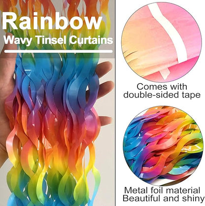 4 Pack Dark Rainbow Fringe Curtain Backdrop 3.2Ft x 8.2Ft Metallic Tinsel Foil Fringe Streamers Background for Photo Booth Mother's Day, Easter, Carnival, Birthday, Wedding Party Decoration