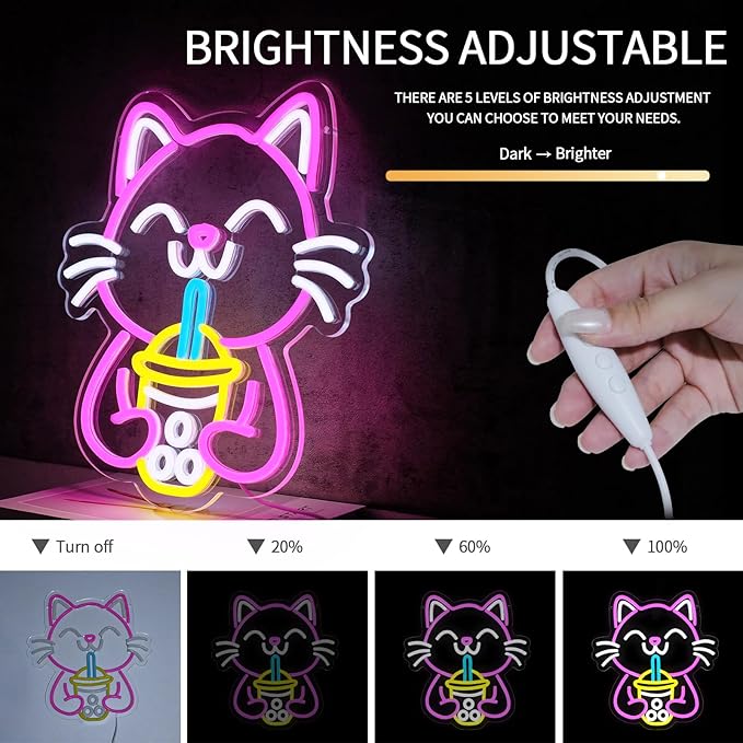Cat Boba Tea Neon Sign for Wall Decor Dimmable Cute Cat Led Light Signs Bubble Tea Neon Light for Cafe Bar Kitchen Restaurant Coffee Dessert Shop Kids Room Decoration Gift for Girls Kids