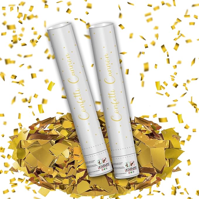 16" Gold Confetti Cannons - Party Poppers for Birthday Graduation Retirement Wedding New Year Celebrations - Easy to Use - Pack of 2