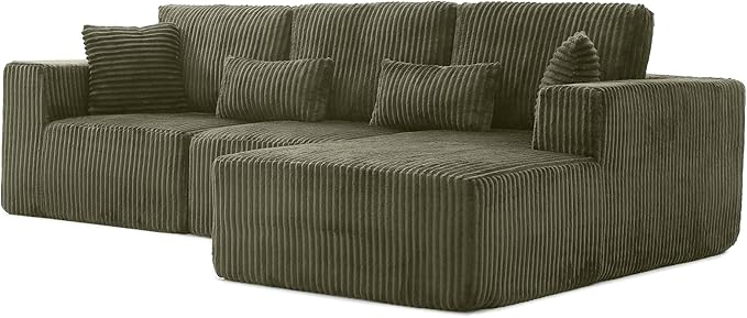 L Shaped Modular Boneless Sectional Couches for Living Room, Wide Armrest, Deep Seat, Memory Foam, Assembly Free, Modern Comfy Corduroy Fluffy Cloud Sofa with Right Chaise, Green