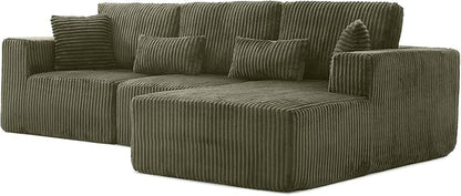L Shaped Modular Boneless Sectional Couches for Living Room, Wide Armrest, Deep Seat, Memory Foam, Assembly Free, Modern Comfy Corduroy Fluffy Cloud Sofa with Right Chaise, Green
