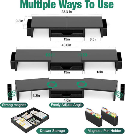 OPNICE Dual Monitor Stand Riser with Drawer and 2 Pen Holders, Desk Organizer for Office Supplies, Computer Monitor Stand for Desk, Workspace Desk Accessories for Home Office, Black