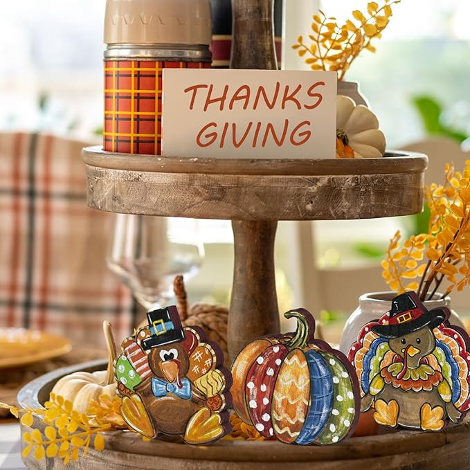 Smile 3 Pcs Wooden Blocks Pumpkin Turkey Signs, Thanksgiving Decor Indoor, Table Tiered Tray Kitchen Decorations