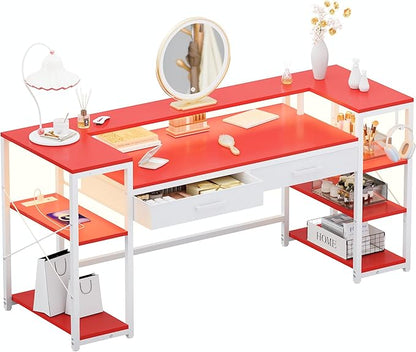 Pamray 58 Inch Computer Desk with Monitor Stand and Shelves Gaming Desk with LED Lights & Power Outlets PC Vanity Table with 2 Drawers for Home Office Red