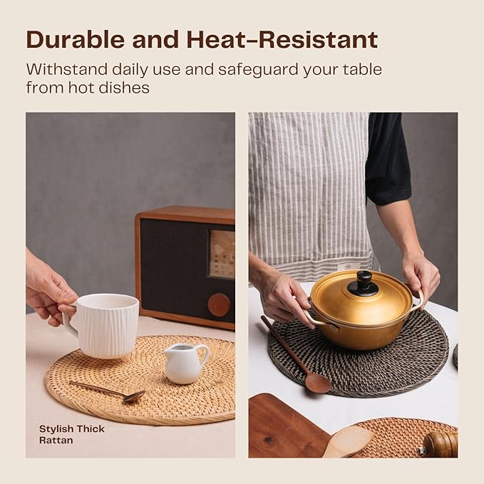 2-Pack Rattan Placemats - 13-inch Round Placemats (Natural Rattan Color) - Woven Place Mats, Round Table Mats - Wicker Chargers for Dinner Plates, Plate Chargers Boho - Kitchen Table Decor
