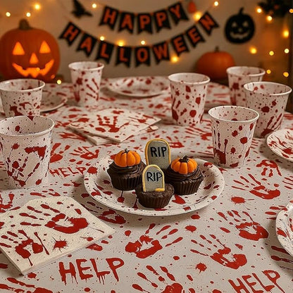 97PCS Scary Halloween Party Supplies Set Bloody Handprint Tableware Decorations Zombie Birthday Themed Party Haunted House Disposable Paper Plates,Cups and Tablecloth(24 Guest)