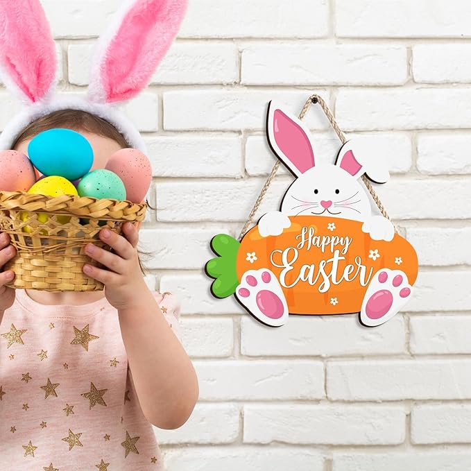 Kercan Wooden Easter Decor Rabbit Door Wreath for Front Door Sign Wall Spring Signs, Bunny Sign Welcome Hanging for Home Wall Decor Party Indoor Decoration, 10.6x11.4Inches