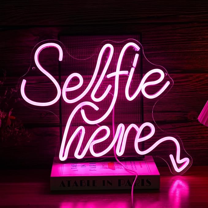 Selfie Here Neon Sign Dimmable Pink Words Light Up Sign for Wall Decor Selfie Led Neon Light for Selfie Station Photo Studio Bedroom