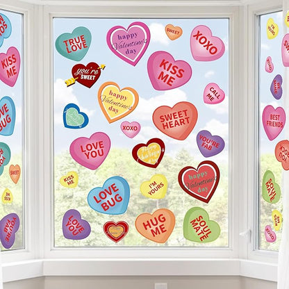 AKEROCK Valentines Day Window Clings, Colorful Heart Shaped Reusable Static Window Stickers for Home, Bathroom, Office Decor