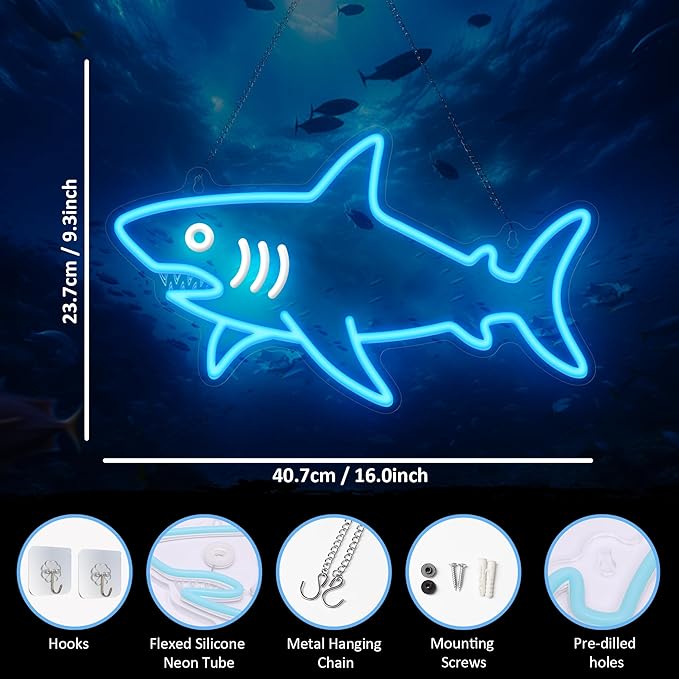 Shark Neon Sign, Dimmable LED Shark Light Animal Wall Decor, Christmas Gift White Elephant Gifts for Boys Men, Bedroom Living Room Man Cave Home Decoration With USB Powered
