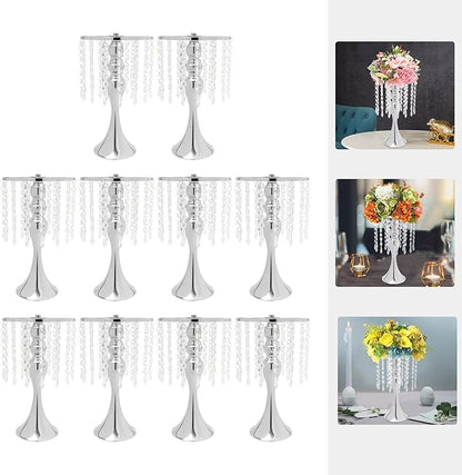 10 Pcs Crystal Flower Wedding Centerpieces Stand,Elegant Metal Flower Vase Candelabra Candle Holder,Flower Vase Stand Pillar Candle Holder for Party Wedding Reception, Siliver, AL-297