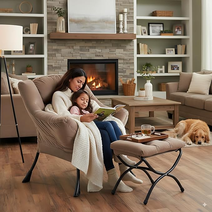LITA Lazy Chair with Ottoman, Modern Accent Leisure Upholstered Sofa Chair, Contemporary Lounge Reading Chairs with Armrests and a Side Pocket for Living Room, Bedroom & Small Space, Dark Brown