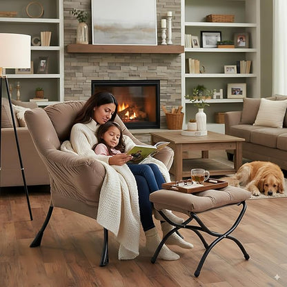 LITA Lazy Chair with Ottoman, Modern Accent Leisure Upholstered Sofa Chair, Contemporary Lounge Reading Chairs with Armrests and a Side Pocket for Living Room, Bedroom & Small Space, Dark Brown