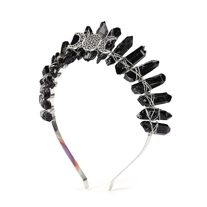 Raw Crystal Obsidian Tiara Headbands,Black Quartz Moon Goddess Crown Headpiece Costume Party Headwear for Women Girls