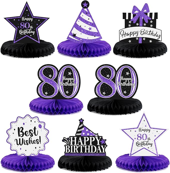 Happy 80th Birthday Decorations,80th Bday Purple Glitter Shiny Stand Honeycomb Table Centerpieces - Cheers to Eighty Years Old Birthday Party Photoprop Gift Sign.