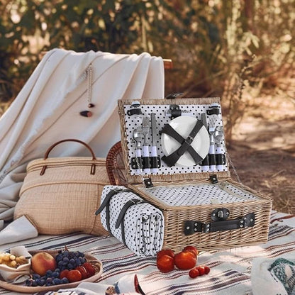 Picnic Basket for 4 Persons with Waterproof Picnic Blanket and Insulated Cooler, Large Wicker Picnic Basket for Camping, Outdoors, Valentine's Day, Christmas, Birthday, Wedding Gift