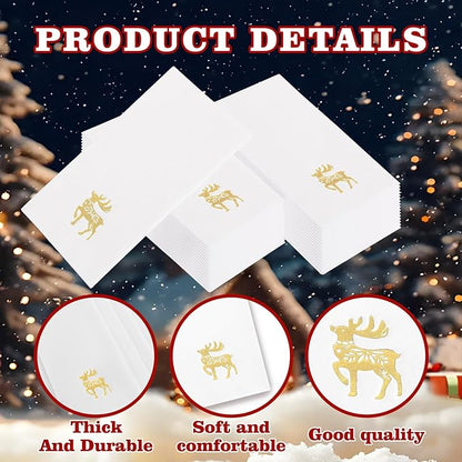 50 Pack Christmas Deer Paper Napkins - Christmas Gold Dinner Napkins - Cloth-like Disposable Hand Towels for Xmas Holiday Table Bathroom Decor Party
