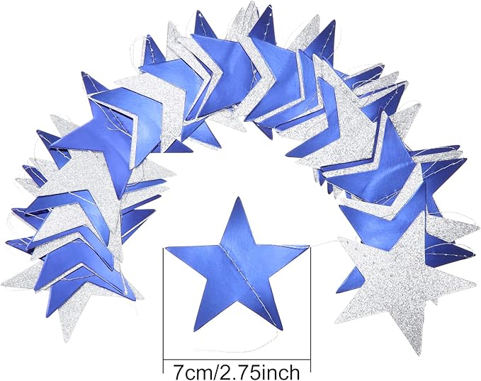 Patelai Glitter Star Garland Banner Christmas Decor 130 Feet Star Hanging Bunting Banner Twinkle Backdrop for Homecoming Classroom Wedding Birthday Halloween Party Supplies(Ocean Blue, Glitter Silver)