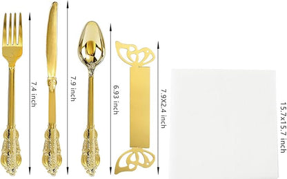 Nervure 200PCS Gold Plastic Silverware Set- Disposable Flatware - Disposable Gold Plastic Cutlery for Party- Includes 50 Forks,50 Spoons,50 Knives,50 Napkins,50 Butterfly Clasp