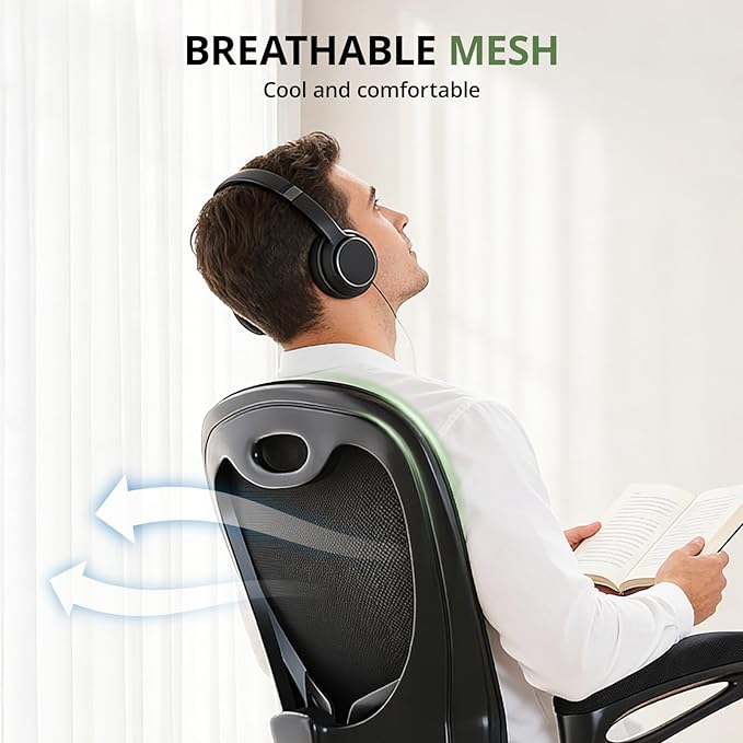 Office Chair 330 lbs Capacity, Ergonomic Breathable Mesh Desk Chair with Lumbar Support & Flip-Up Armrest, High Back Computer Chair for Home Office, Black