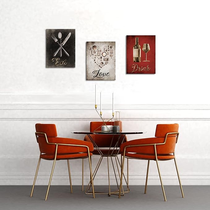 iKNOW FOTO 3 Piece Canvas Wall Art Set 'Eat, Drink, Love' Inspirational Quote Prints for Kitchen, Dining Room, Restaurants Ready to Hang 12x16 Inches Each