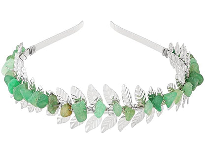 MINACHI Boho Green Aventurine Leaf Hairband, Silver-Tone Handmade Festival Crown, Jewelry Gift for Women Mother's Day