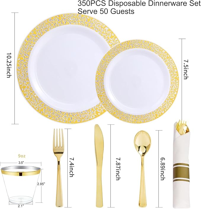 WELLIFE 100 Guests Dinnerware Sets, Gold Plastic Plates，Platos Para Fiestas Elegantes Desechables Include:100 Dinner Plates,100 Dessert Plate,400 Pcs Gold Plastic Silverware, 100 Cups for Party