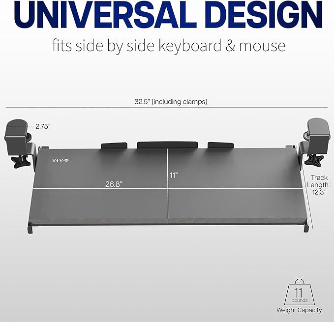 VIVO Large Clamp-on Computer Keyboard and Mouse Under Desk Slider Tray, 27 x 11 inch Pull Out Platform Drawer, Gray, MOUNT-KB05GY