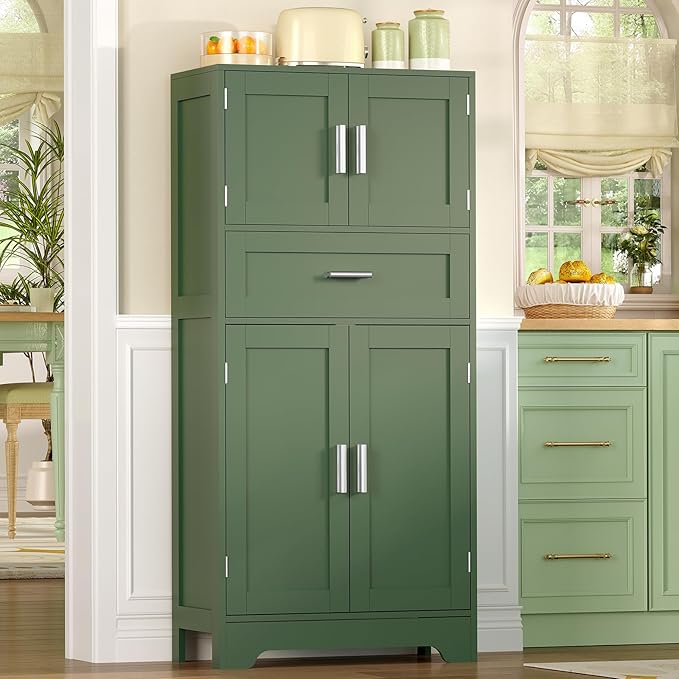 TEENFON Bathroom Floor Storage Cabinet with Adjustable Shelf, Freestanding Storage Cabinet with 4 Doors, Cupboard for Living Room, Home Office, Entryway, Forest Green