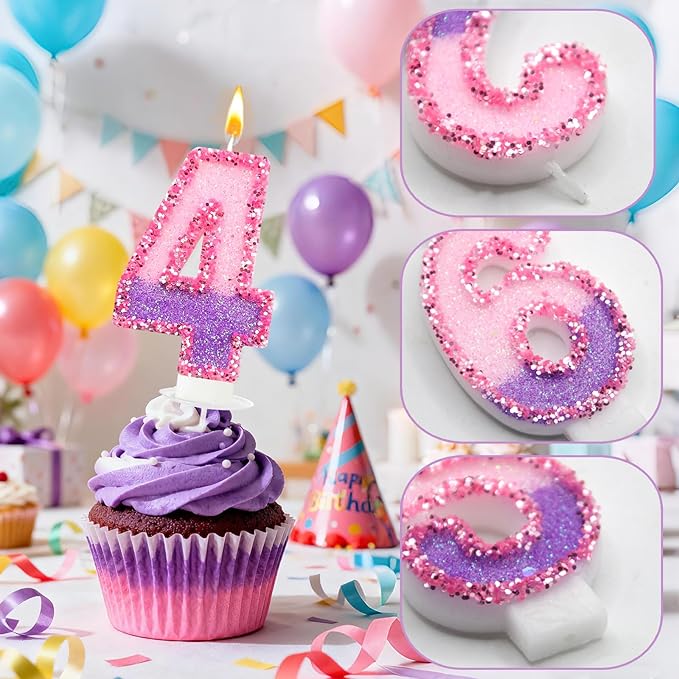 Birthday Number Candles for Cake, Pink Purple Glitter Number Candles for Cake Toppers, Ideal Birthday Parties Cake Decor, Wedding Anniversary and Other Celebrations (4 Candle)