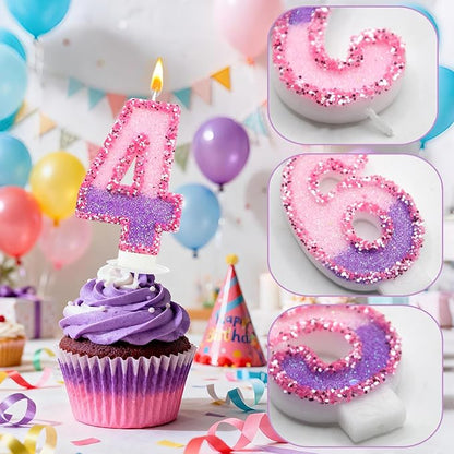 Birthday Number Candles for Cake, Pink Purple Glitter Number Candles for Cake Toppers, Ideal Birthday Parties Cake Decor, Wedding Anniversary and Other Celebrations (4 Candle)
