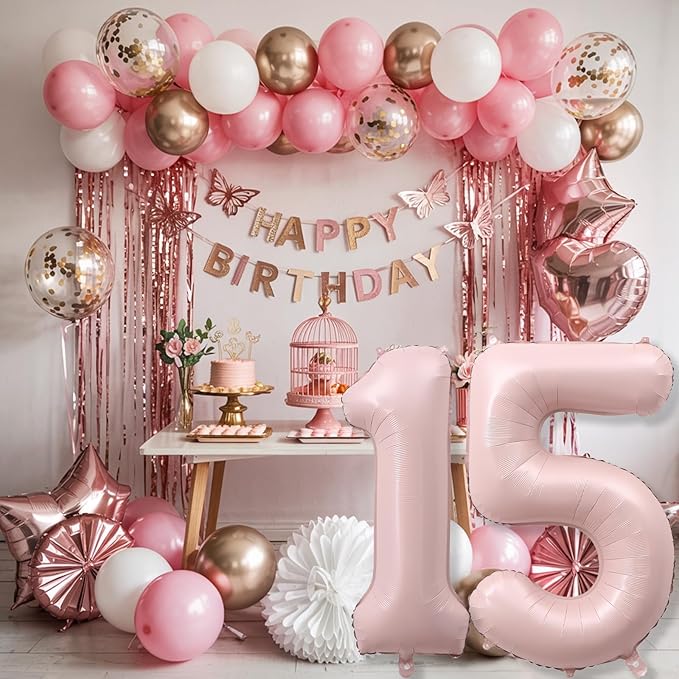 Light Pink Sweet 15th Birthday Balloon for Girls, 40 Inch Self Inflating Mylar Number 15 Balloons, Big Blush Pastel Pink Foil 1 & 5 Helium Balloon 15 for Coquette 15th Birthday Party Decorations