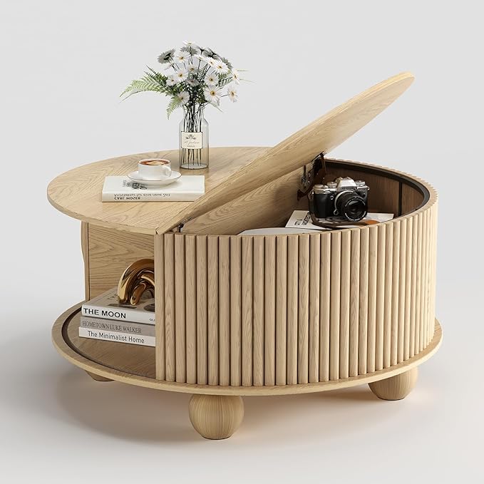 Round Coffee Table with Storage, 31.5" Natural Oak Fluted Drum Center Table, Scandi Japandi Wood Circle Table with Sliding Door & Bun Feet for Living Room