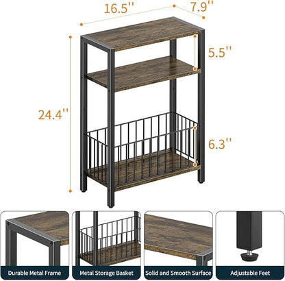 Yoobure Narrow Side Table with Storage Basket, Small End Table for Small Spaces Skinny Side Tables Living Room Bedroom, Slim Nightstand 3 Tier Bedside Table Space-Saving for Magazine, Rustic Brown