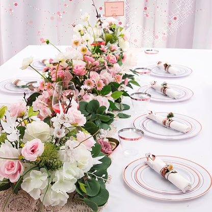 WELLIFE 350Pcs Rose Gold Plastic Plates for 50 Guests - Plastic Dinnerware Set,Party Supplies Includes 100 Rose Gold plates,150 Silverware,50 Napkins,50 Cups for Party and Christmas