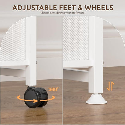 2 Drawer Small Narrow Side End Table for Small Spaces, Slim Nightstand Bedside Sofa Table with Wheels, Space Saving Skinny Thin Couch Desk with Storage Bag for Bedroom Living Room Bathroom,White