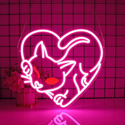 Cat Neon Sign, JGHTURIE Pink Neon Signs for Wall Decor Cute Animal Light Up Signs Preppy Game Party Bar Led Sign for Man Cave Kids Room Decor USB Powered