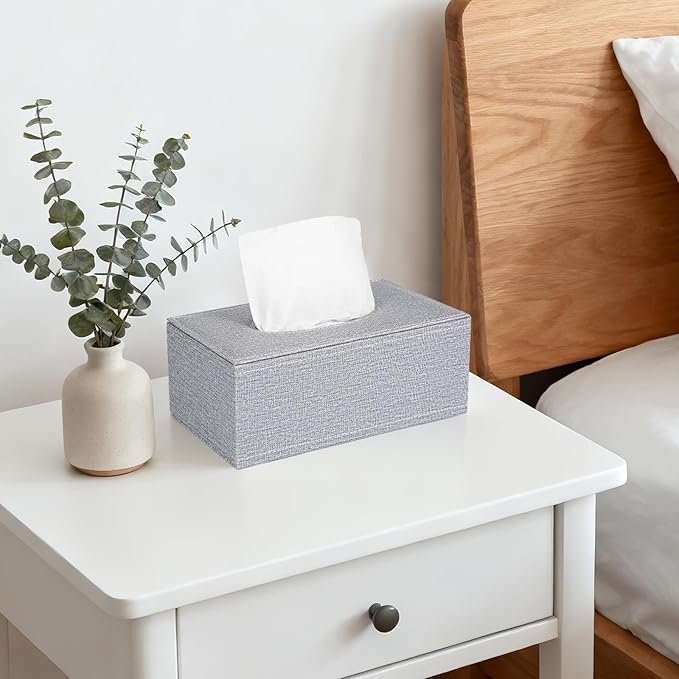 4 Pack Tissue Box Cover Rectangle, Linen Tissue Box with Magnetic Bottom, Napkin Facial Tissues Holder Dispenser, Decorative Tissue Holder for Bathroom Toilet Bedroom Living Room Office, Grey