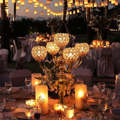 12 Sets Gold 5 Arms Candelabra Centerpiece for Wedding,Metal Crystal Candlestick Holders Chandelier Crystal Beaded Candle Holder for Table Decoration Party Dinner Formal Event