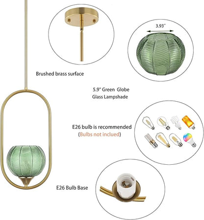 Modern Gold Globe Pendant Light with Green Glass Globe Lampshade Mid Century Chandelier 1-Light Brushed Brass Ceiling Hanging Lighting Fixture for Kitchen Island Dining Room Bedroom (2 Pack)